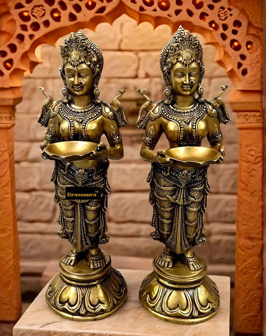 Brassaura™ Handcrafted Brass Oil Lamp (Pair) with Sturdy Base | 30 Inches Height | 32 Kgs (Pair) | Ideal for Prayer & Meditation