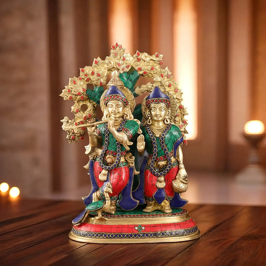 Brassaura™ Pure Superfine Brass Radha Krishna Idols with Kalpavriksha & Peacock – 14 Inch Height, 8.5 Kg Pair | Intricate Meenakari Stonework