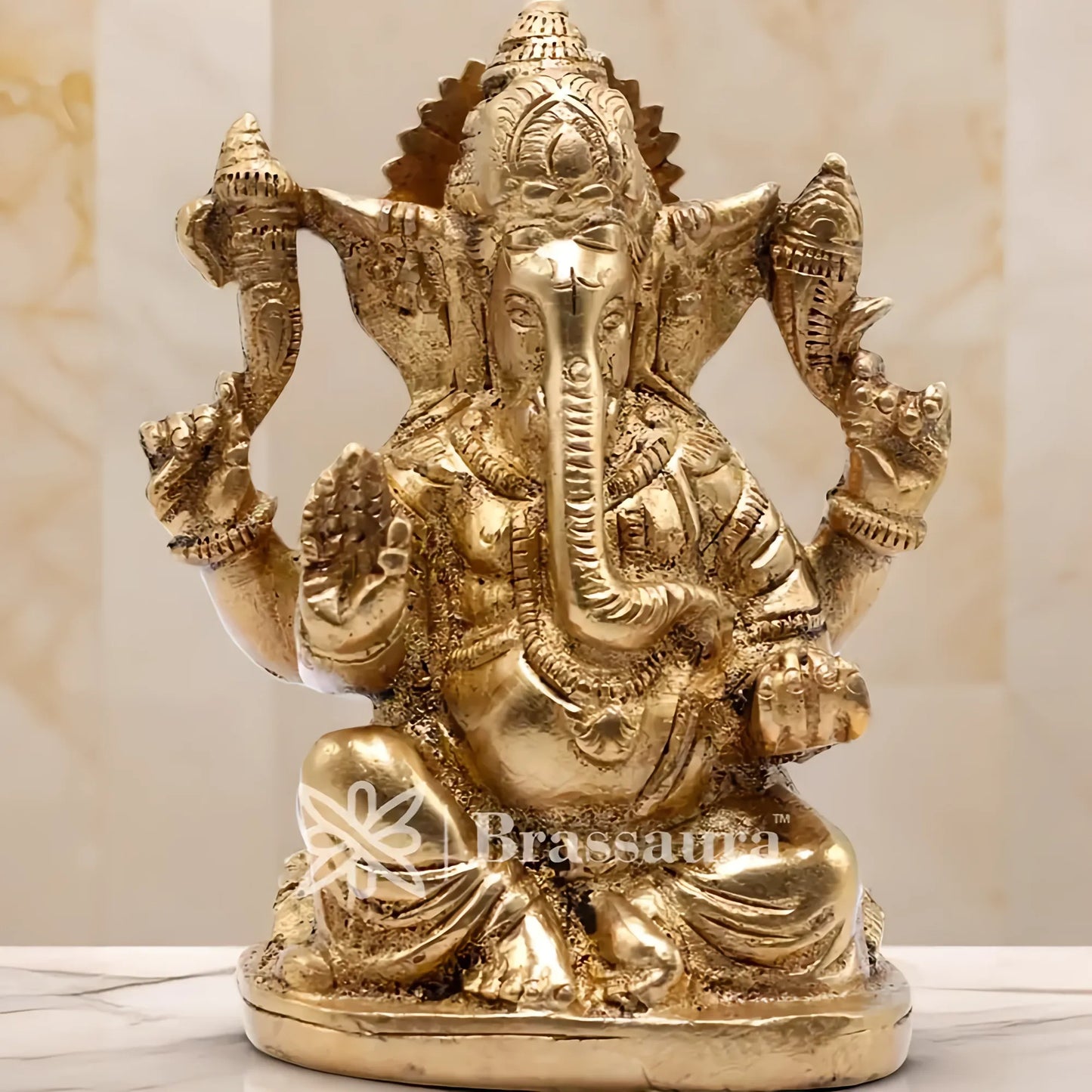 Brassaura™ Brass Ganesha Idol for Home Décor | Weight 0.8 Kg | Height 4 Inches