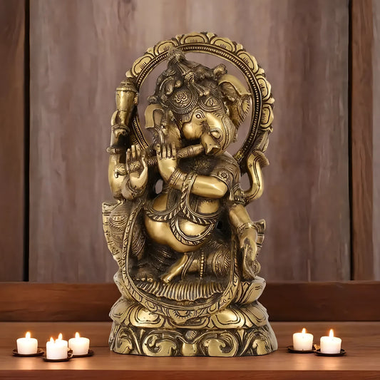 Brassaura™ Brass Ganesha Playing Flute with Antique Finish | Height 13 Inches & Weight 7.5 Kgs