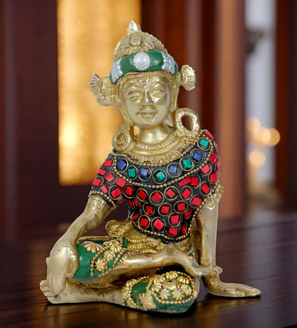 Brassaura™ Brass Gem Stone Work Indra Dev Idol – Height 6.8 Inches & Weight 0.88 Kgs | Traditional Temple Décor