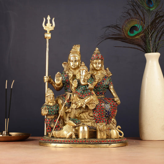 Brassaura™ Handcrafted Brass Shiva Parivaar Idol with Gem Stone Work – Height 10 Inches & Weight 5 Kgs | Divine Family Statue