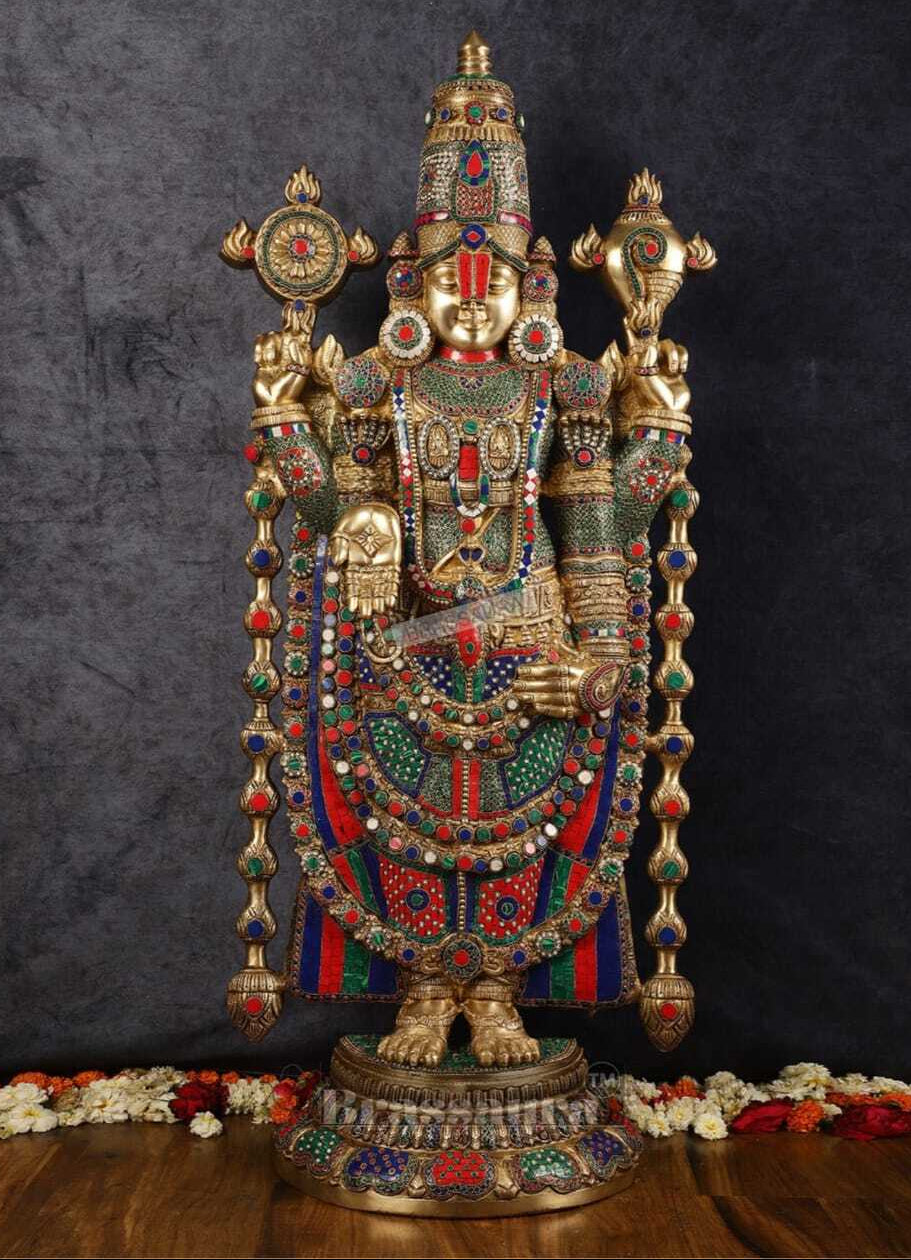 Brassaura™ Majestic Brass Lord Venkateshwara Idol with Stonework – 48 Inches, 49 Kgs