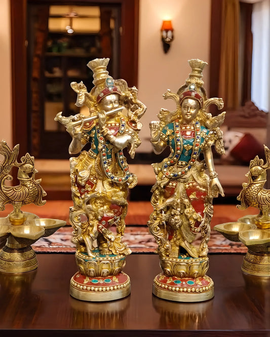 Brassaura™ Finely Carved Radha Krishna Statues – 14 Inch Height, 8.5 Kg Pair | Natural Stone & Pure Brass Ring Detailing
