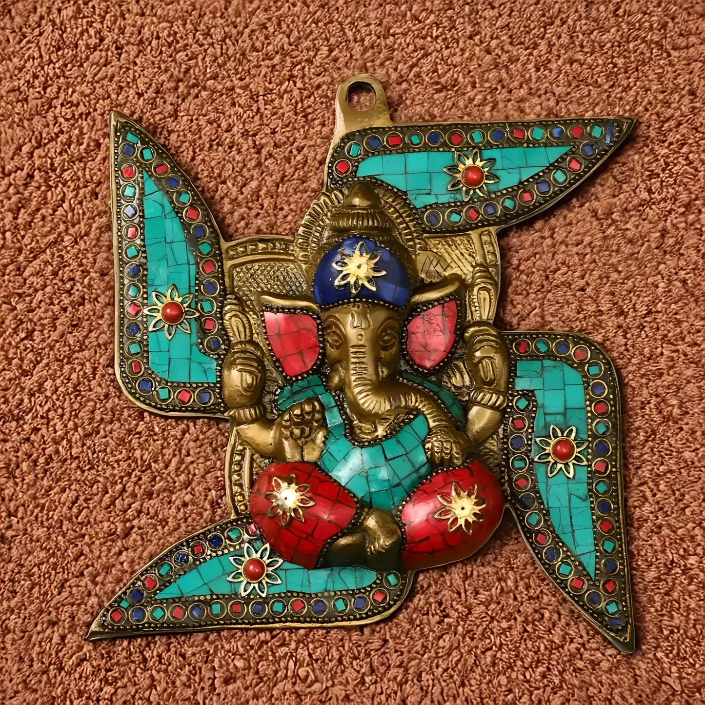 Brassaura™ Brass Ganesha Wall Hanging on Swastik | Height 7 Inches & Weight 1 Kg