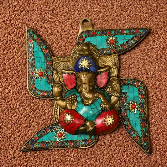 Brassaura™ Brass Ganesha Wall Hanging on Swastik | Height 7 Inches & Weight 1 Kg