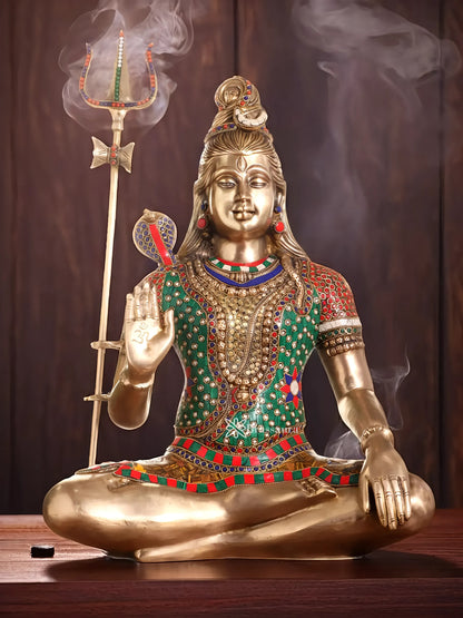 Brassaura™ Brass Gem Stone Work Shiva Idol – Height 20 Inches & Weight 12 Kgs | Spiritual Home Décor