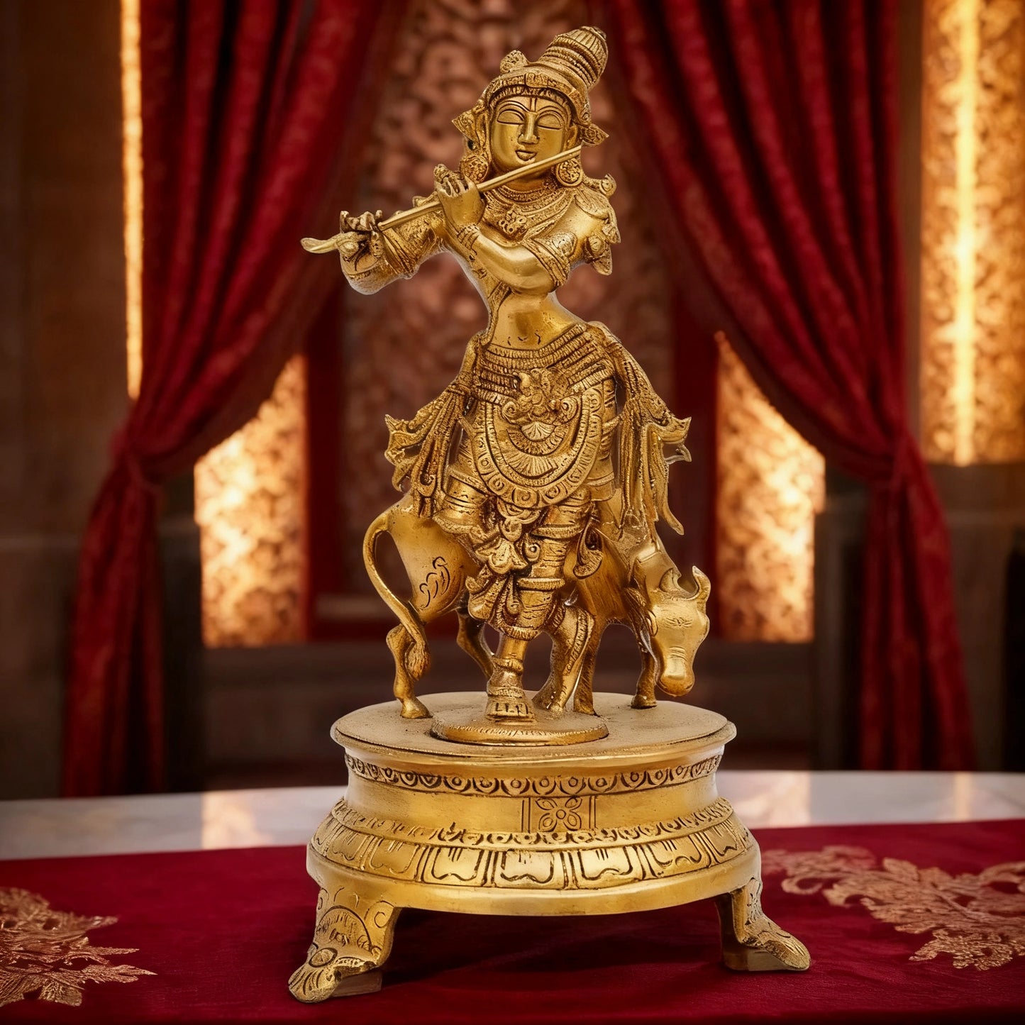 Brassaura® Lord Krishna Playing Flute Idol with Stonework Finish | Pure Superfine Brass Handcrafted Murti | Brass Statue for Home Temple, Pooja Room, Spiritual Décor & Luxury Gifting | Height 10 Inches | Weight 2.6 Kg