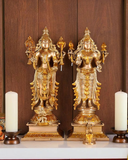 Brassaura™ Pure Brass Standing Vishnu Idol Set – 9.5kg, 14-Inch – Chola-Style Lord Vishnu, Lakshmi with Elephant & Garuda in Dual-Tone Gold Finish