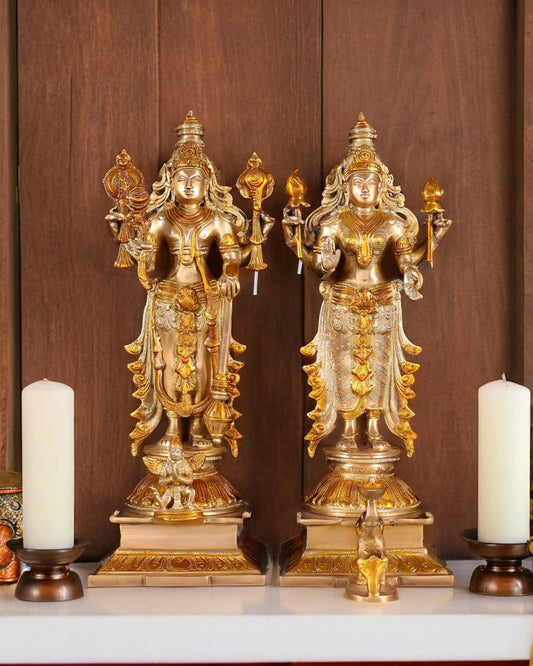 Brassaura™ Pure Brass Standing Vishnu Idol Set – 9.5kg, 14-Inch – Chola-Style Lord Vishnu, Lakshmi with Elephant & Garuda in Dual-Tone Gold Finish