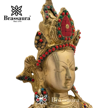 Brass Gem Stone Work Tara Head Idol for Home and Decor Weight 4.6 Kg Height 33 cm