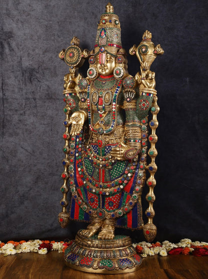 Brassaura™ Majestic Brass Lord Venkateshwara Idol with Stonework – 48 Inches, 49 Kgs