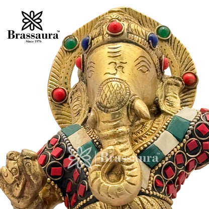 Brass Gem Stone Work Dancing Ganesha Idol for Home and Decor Weight 3 Kg Height 30 cm