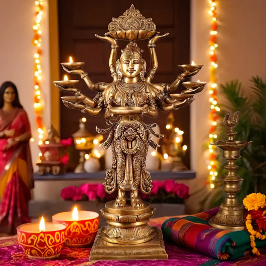 Brassaura™ Brass Deep Lakshmi Statue with 7 Diyas & Urli – Height 28 Inches | Handcrafted Goddess Idol, 18 Kgs