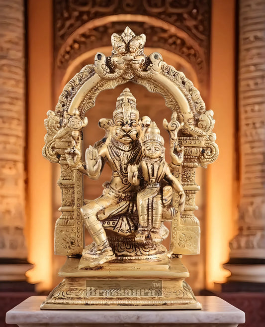 Brassaura™ Pure Brass Lord Narasimha with Goddess Lakshmi Statue – 7.8 Inch Height, 1.8 kg Weight | Sacred Hindu Idol for Home & Temple