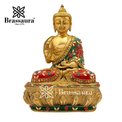 Brass Gem Stone Work Meditative Buddha Idol for Home and Decor Weight 3.6 Kg Height 25 cm