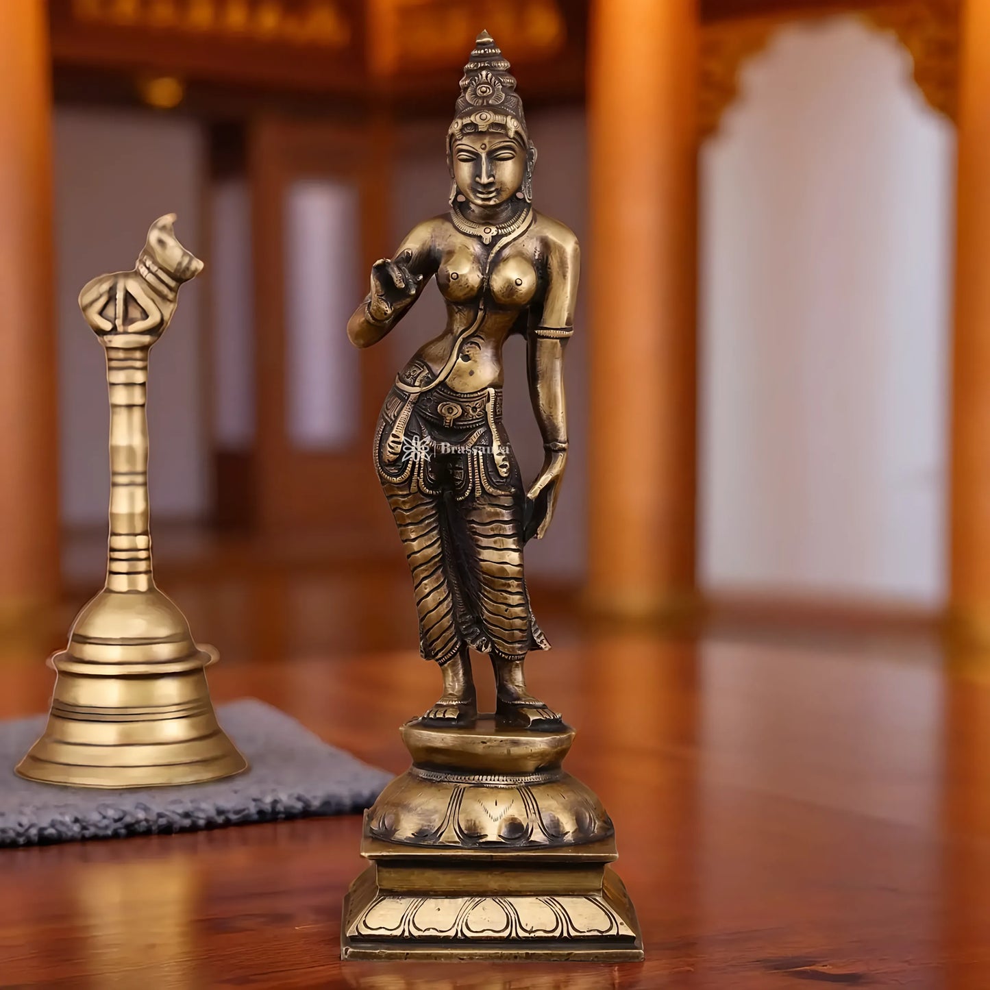 Brassaura™ Pure Brass Devi Parvati Uma Idol – 10 Inch Height, 1.5 Kg Weight – Vintage Finish Standing Statue