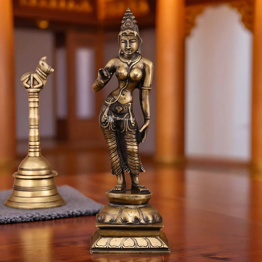Brassaura™ Pure Brass Devi Parvati Uma Idol – 10 Inch Height, 1.5 Kg Weight – Vintage Finish Standing Statue