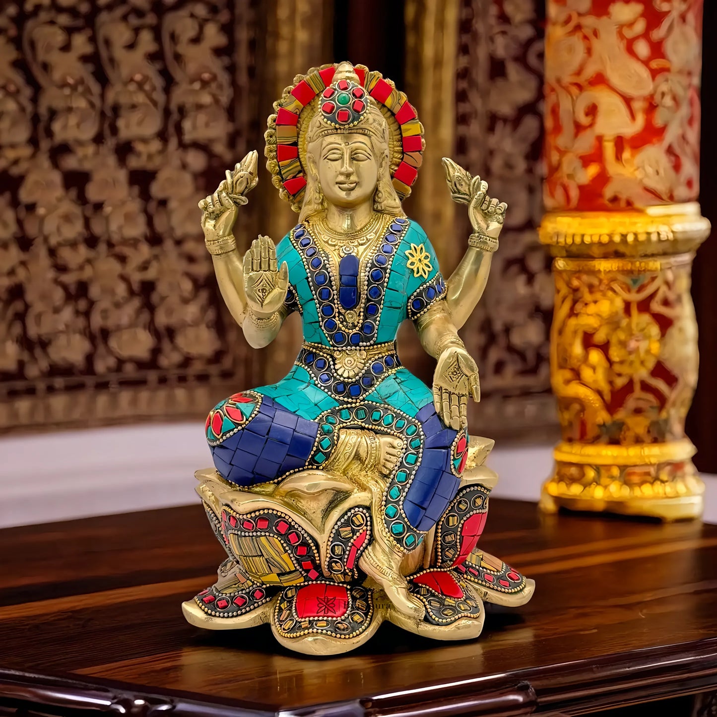 Brassaura™ Devotional Brass Gem Stone Work Laxmi Idol – Height 5.2 Inches & Weight 3.6 Kgs | Spiritual Home Idol