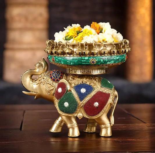 Brassaura™ Pure Brass Elephant Urli with Intricate Meenakari Work – 5.89 kgs, 9.5 Inches Height – Vibrant Traditional Decor