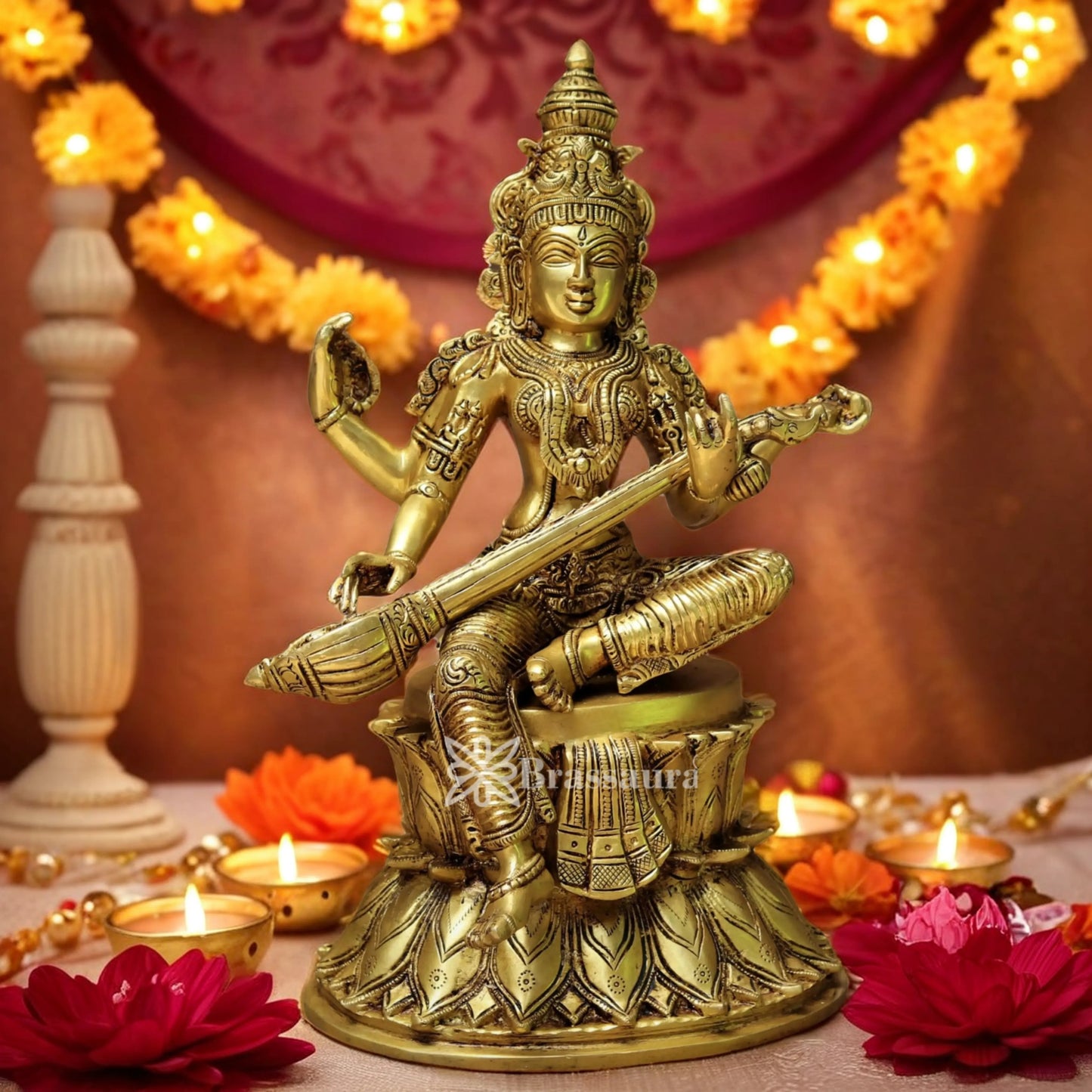 Brassaura™ Handcrafted Brass Saraswati Murti – Height 14.5 Inches & Weight 8.5 Kgs | Spiritual Home Décor