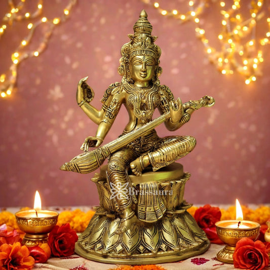 Brassaura™ Handcrafted Brass Saraswati Murti – Height 14.5 Inches & Weight 8.5 Kgs | Spiritual Home Décor