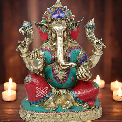 Brassaura™ Brass Gem Stone Work Ganesha Idol for Home Décor | Weight 26.5 Kgs | Height 20 Inches