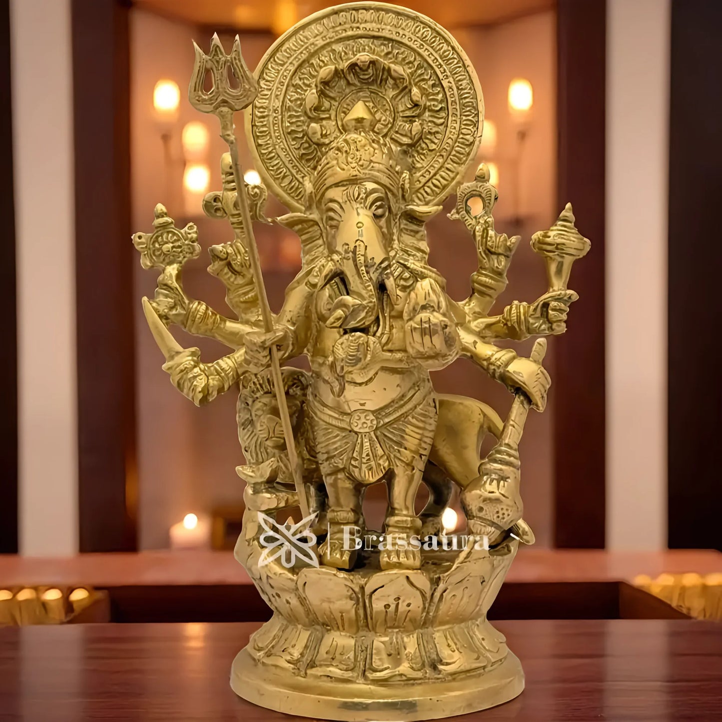 Brassaura™ Brass Ganesha and Lion Idol for Home and Decor | Weight 2.2 Kgs | Height 9.06 Inches