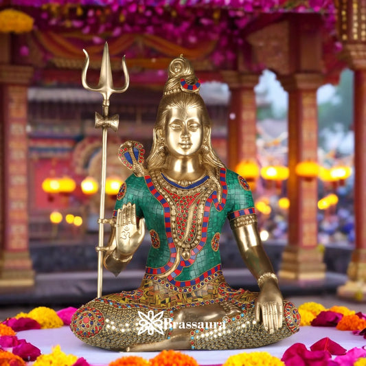 Brassaura™ Lord Shiva Gemstone Brass Sculpture – Height 19 Inches & 12.2 Kgs | Temple & Home Décor