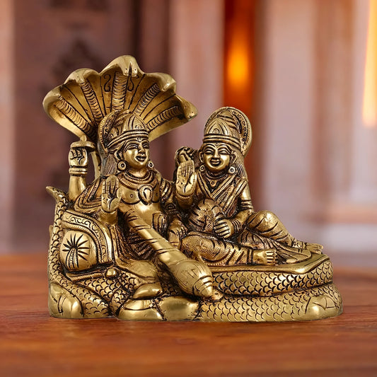 Brassaura™ Brass Vishnu & Lakshmi Idol on Sheshnag – 2.3kg, 6.5-Inch – Handcrafted Statue for Blessings & Prosperity
