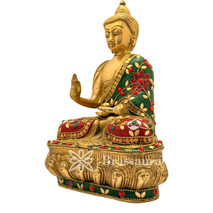 Brass Gem Stone Work Meditative Buddha Idol for Home and Decor Weight 3.6 Kg Height 25 cm