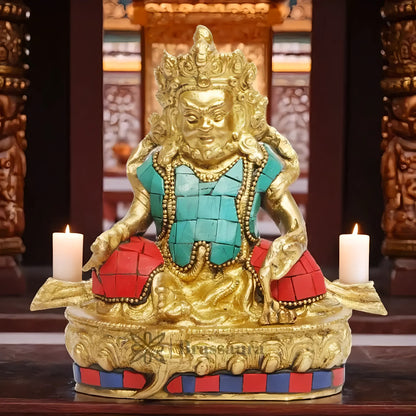 Brassaura™ Brass Gem Stone Work Kuber Idol – Height 5.6 Inches & Weight 1.2 Kgs | Divine Home & Pooja Sculpture