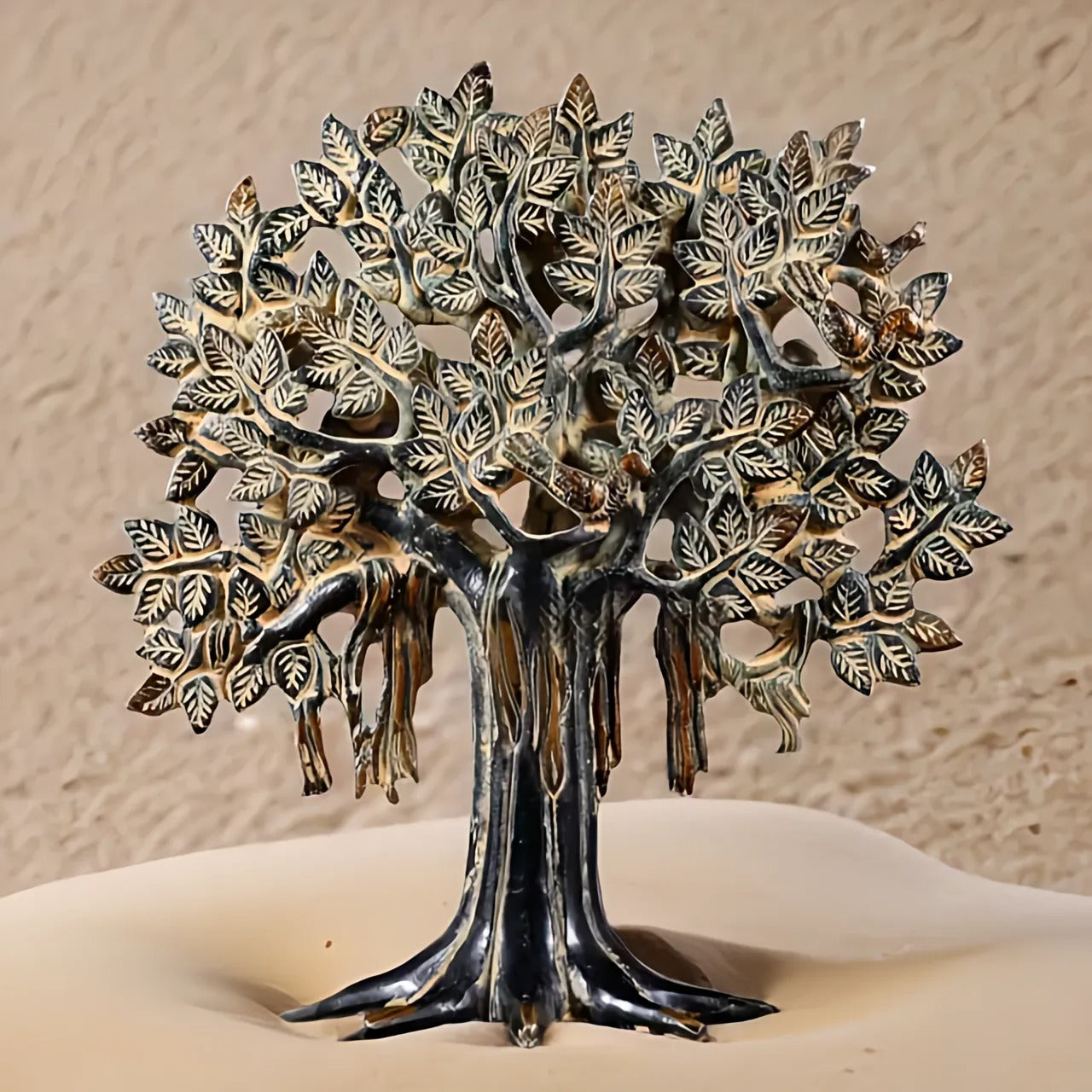Brassaura™ Pure Brass Handcrafted Kalpavriksha Tree in Vintage Sand Finish Tone | Tabletop Tree of Life Showpiece | Weight 1.2 Kgs | Height 9.5 Inches