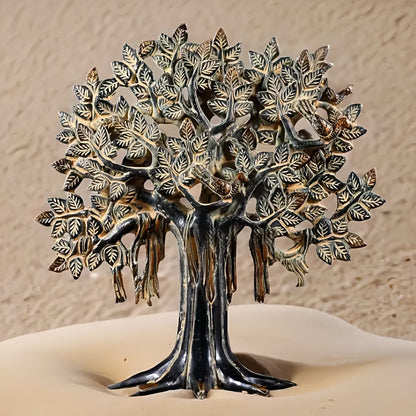 Brassaura™ Pure Brass Handcrafted Kalpavriksha Tree in Vintage Sand Finish Tone | Tabletop Tree of Life Showpiece | Weight 1.2 Kgs | Height 9.5 Inches