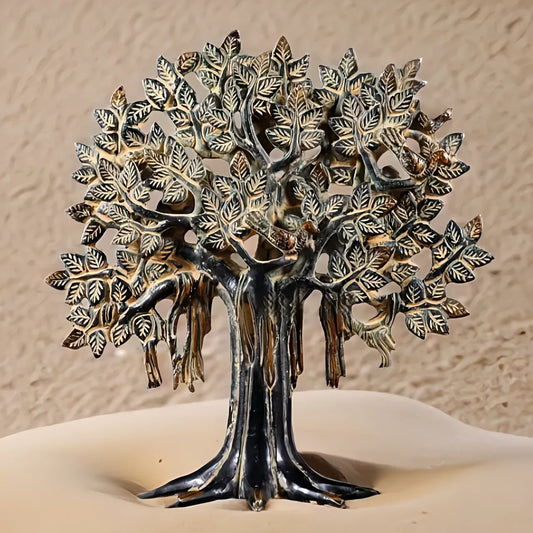 Brassaura™ Pure Brass Handcrafted Kalpavriksha Tree in Vintage Sand Finish Tone | Tabletop Tree of Life Showpiece | Weight 1.2 Kgs | Height 9.5 Inches