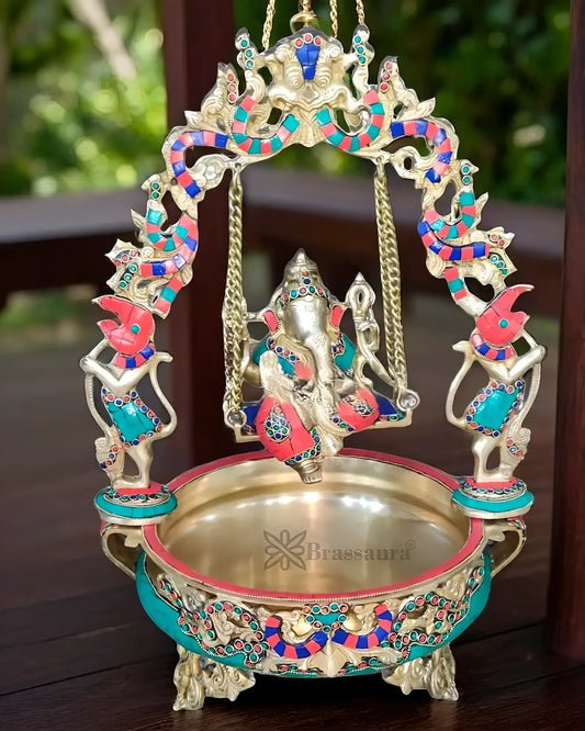 Brassaura™ Artistic Ganapati on Swing with Prabhavali & Large Brass Urli – 14 kgs, 21 Inches Height – Divine Home Decor