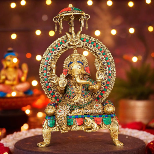 Brassaura™ Brass Gem Stone Work Ganesha Idol for Home and Decor | Weight 9.5 Kgs | Height 18 Inches
