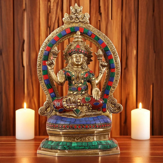 Brass Gem Stone Work Laxmi Mata for Home and Decor Height 11.5 Inches & Weight 4 Kgs