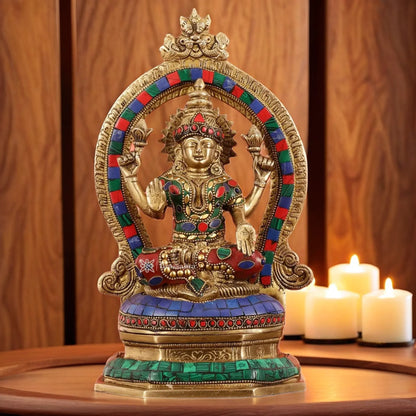 Brass Gem Stone Work Laxmi Mata for Home and Decor Height 11.5 Inches & Weight 4 Kgs