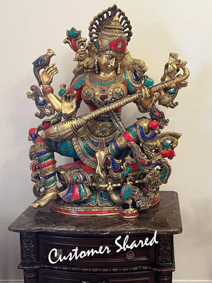 Brassaura® Brass Saraswati Statue | Height 33.07 Inches & Weight 85 kg