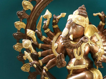 Brassaura™ Sixteen Armed Dancing Ganesha as Nataraja | Pure Brass Statue | Height 26 Inches & Weight 22.40 Kgs