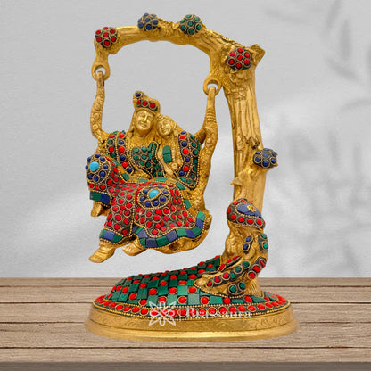 Brass Gem Stone Work Radha Krishna Tree Jhula Idol for Home and Decor Weight 3.5 Kg Height 28 cm