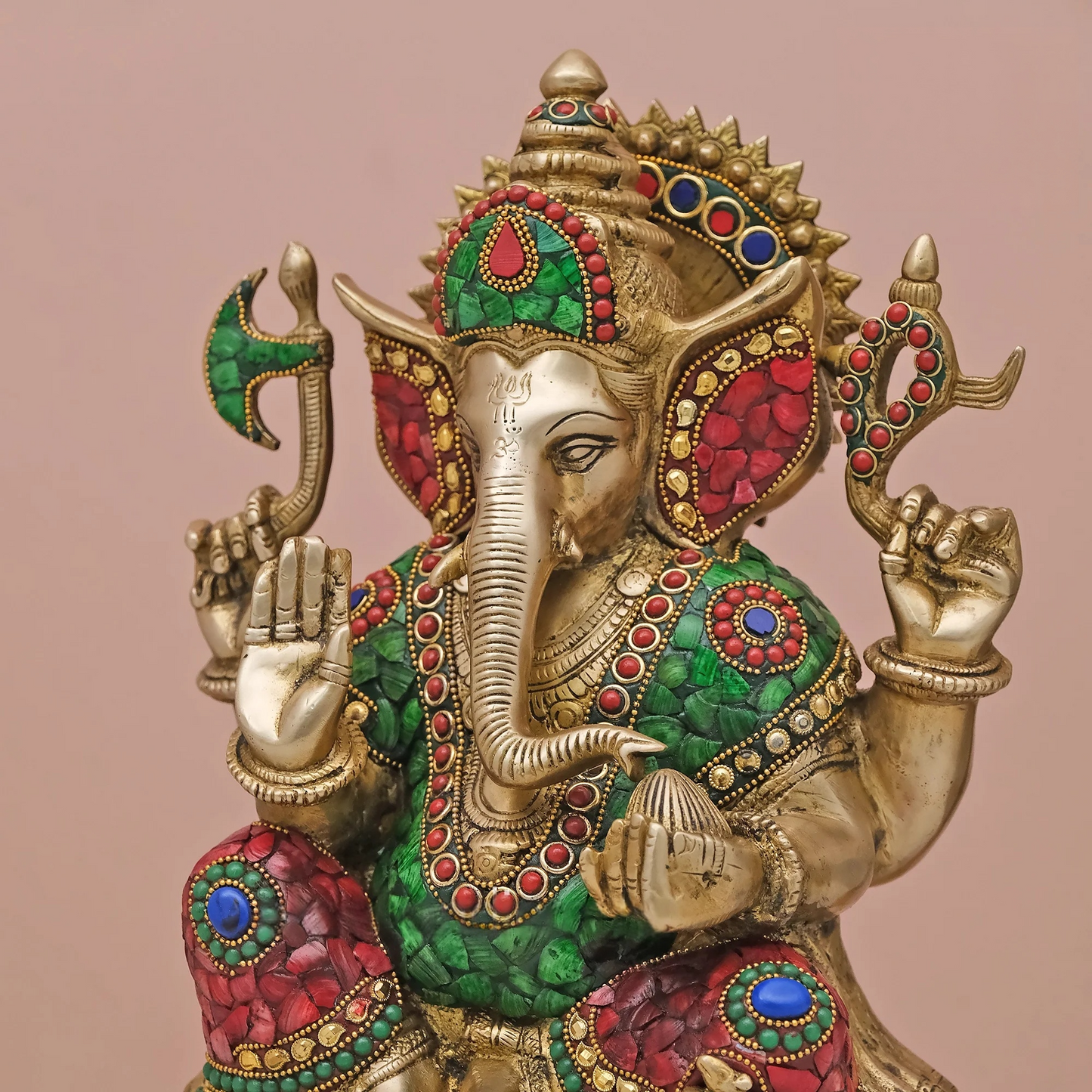 Brassaura® Brass Ganesha Statue with Stonework | Height 12 Inches