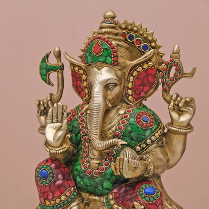 Brassaura® Brass Ganesha Statue with Stonework | Height 12 Inches