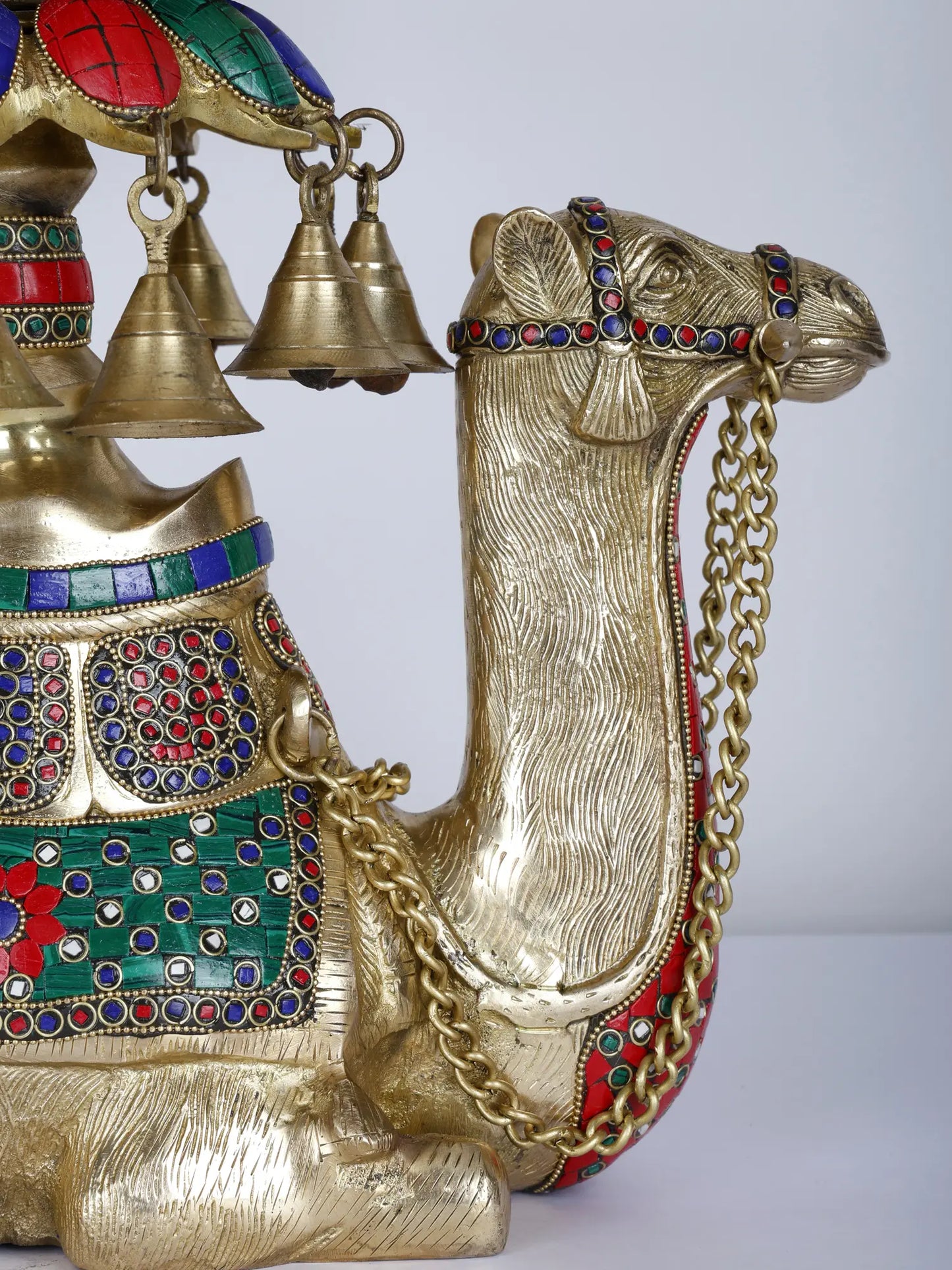 Brassaura® Royal Camel Brass Urli with Multicolor Inlay Work & Hanging Bells | Pure Brass | Height 16 Inches & Weight 15.75 kgs