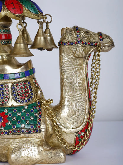 Brassaura® Royal Camel Brass Urli with Multicolor Inlay Work & Hanging Bells | Pure Brass | Height 16 Inches & Weight 15.75 kgs