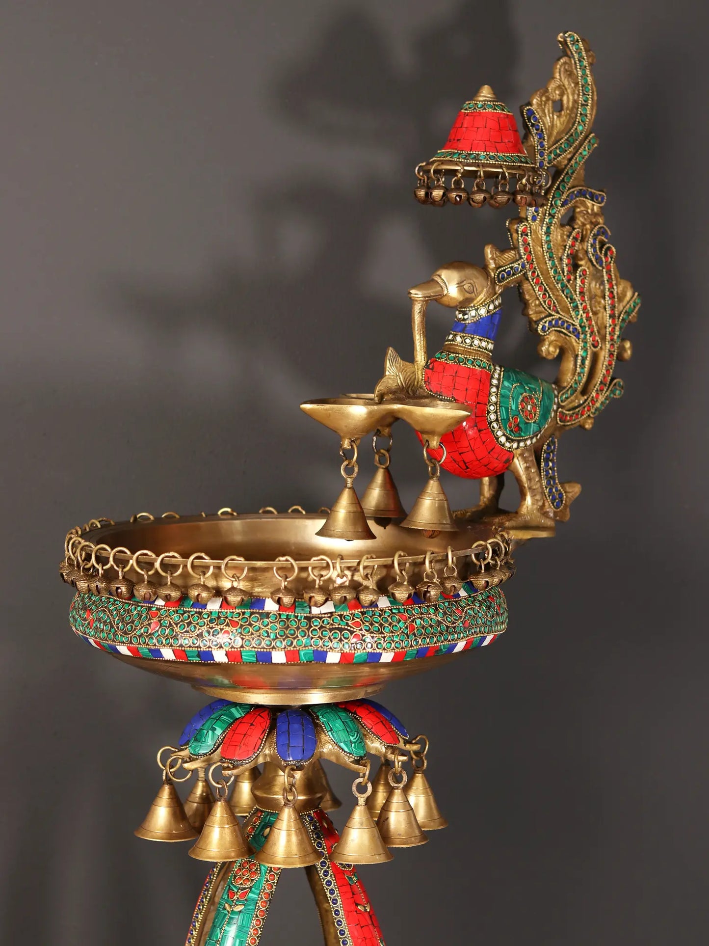 Brassaura® Peacock Brass Urli Stand with Inlay Work & Hanging Bells | Pure Brass | Height 41.5 Inches & Weight 21.70 kgs