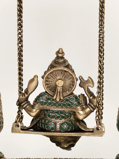 Brassaura® Jhula Ganesha with Ornate Pillars | Pure Brass with Meenakari Inlay Work | Height 16 Inches & Weight 6.94 kgs