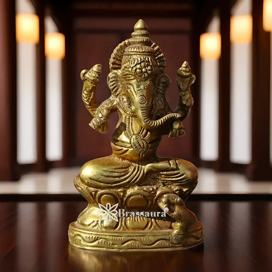 Brassaura™ Brass Ganesha Idol for Home & Décor | Height 5 Inches & Weight 0.949 Kg