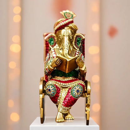 Brassaura™ Brass Ganesha on Rocking Chair Reading Book with Stonework | Height 17 Inches & Weight 15 Kgs